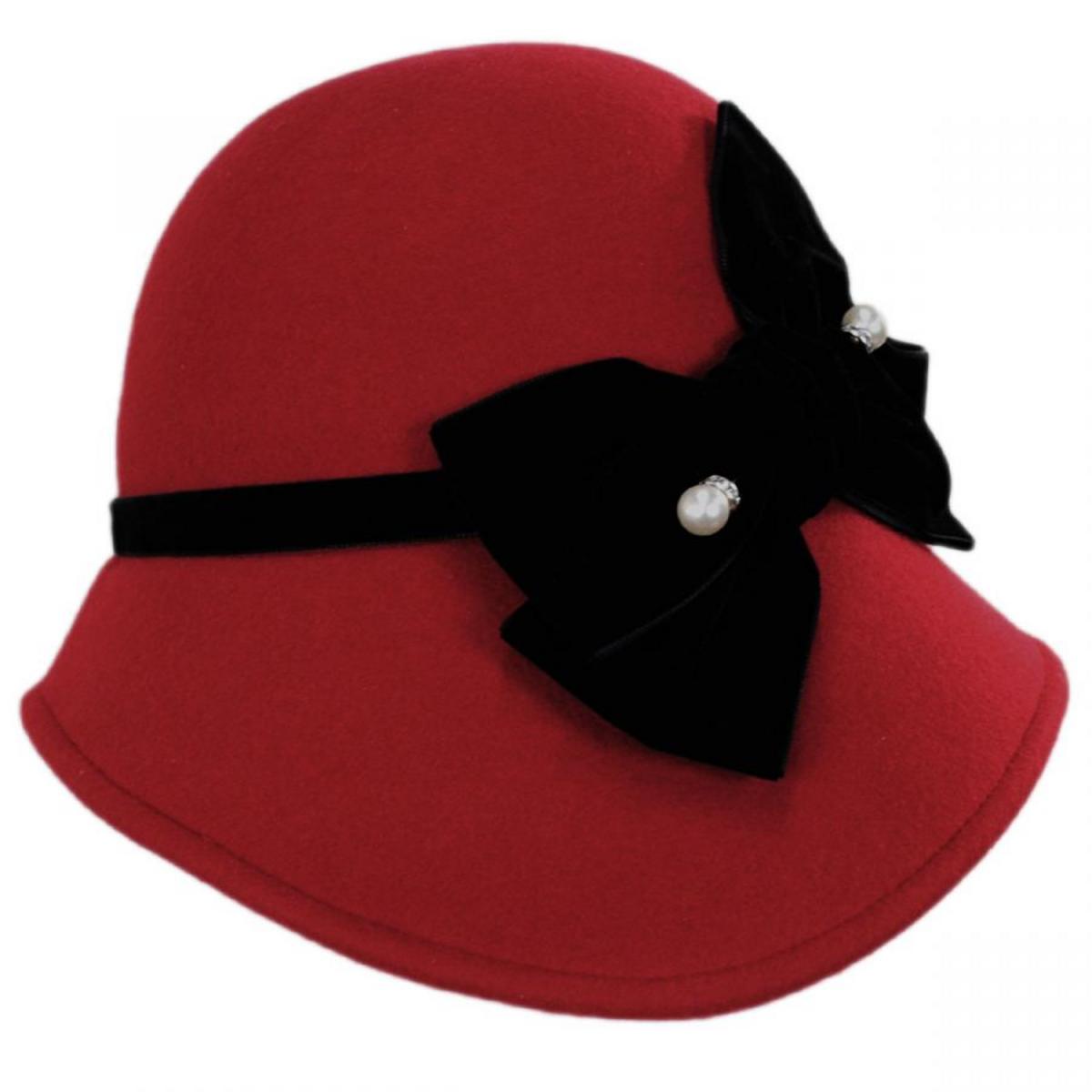 Kathy Jeanne | Velvet Band Wool Felt Asymmetrical Cloche Hat - Made to Order | 124709 | profile | RED/BLACK