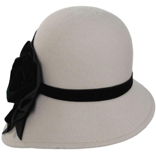 Kathy Jeanne | Black Rose Asymmetrical Wool Felt Cloche Hat - Made to Order | 124712 | front | OFF WHITE