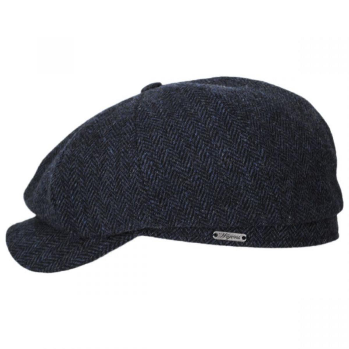 Wigens Caps | Classic Shetland Wool Herringbone Newsboy Cap | 161952 | profile | NAVY