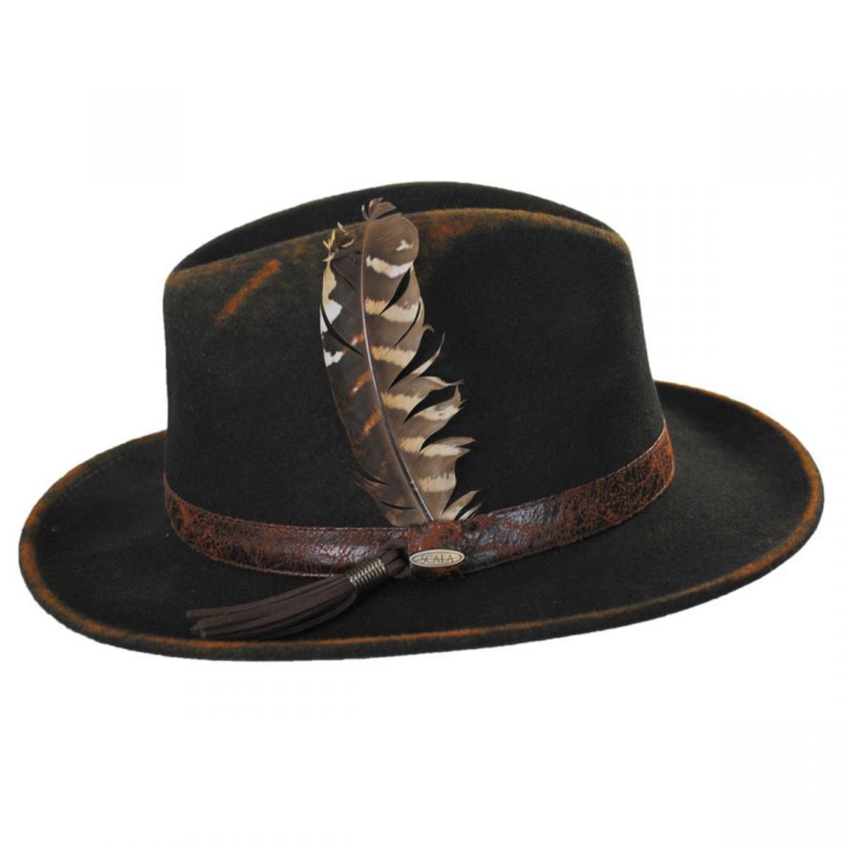 Scala | Woodstock Distressed Wool Felt Safari Fedora Hat | 123496 | profile | CHOCOLATE