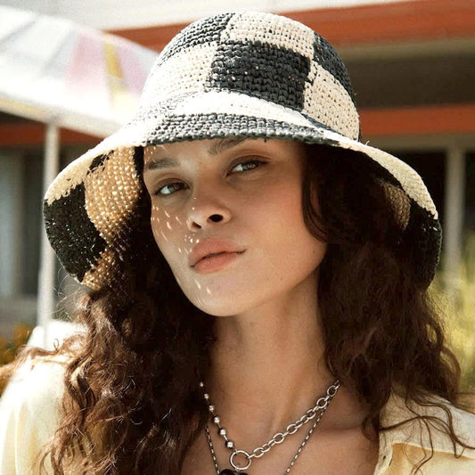 BRIXTON HATS | Redding Checkered Crochet Raffia Straw Bucket Hat | 104062 | lsfone | WHITECAP/BLACK