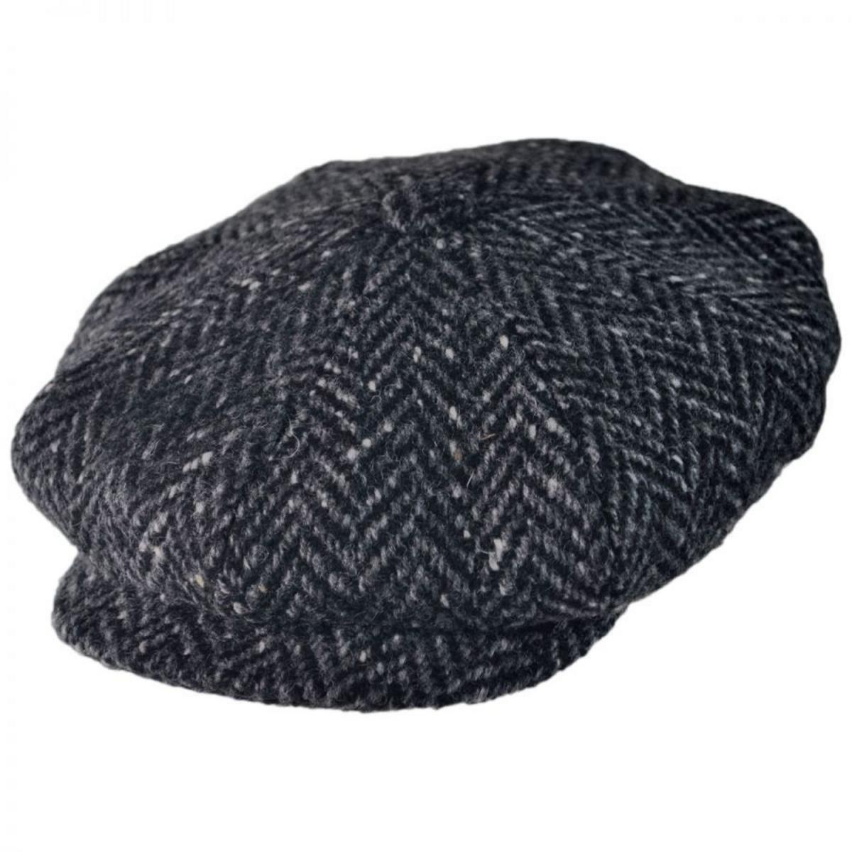 City Sport Caps | Large Herringbone Donegal Tweed Wool Newsboy Cap | 175055 | lead | BLACK/CHARCOAL