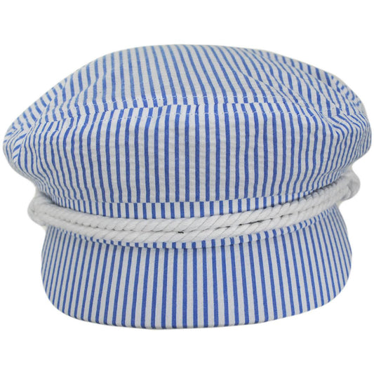 BRIXTON HATS | Cotton Striped Seersucker Fiddler Cap | 181354 | front | OFF WHITE/BLUE SEERSUCKER