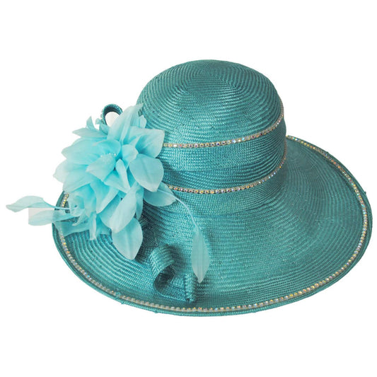Jack McConnell | Rhinestones Sisal Straw Off Face Dress Hat | 124272 | front | TURQUOISE