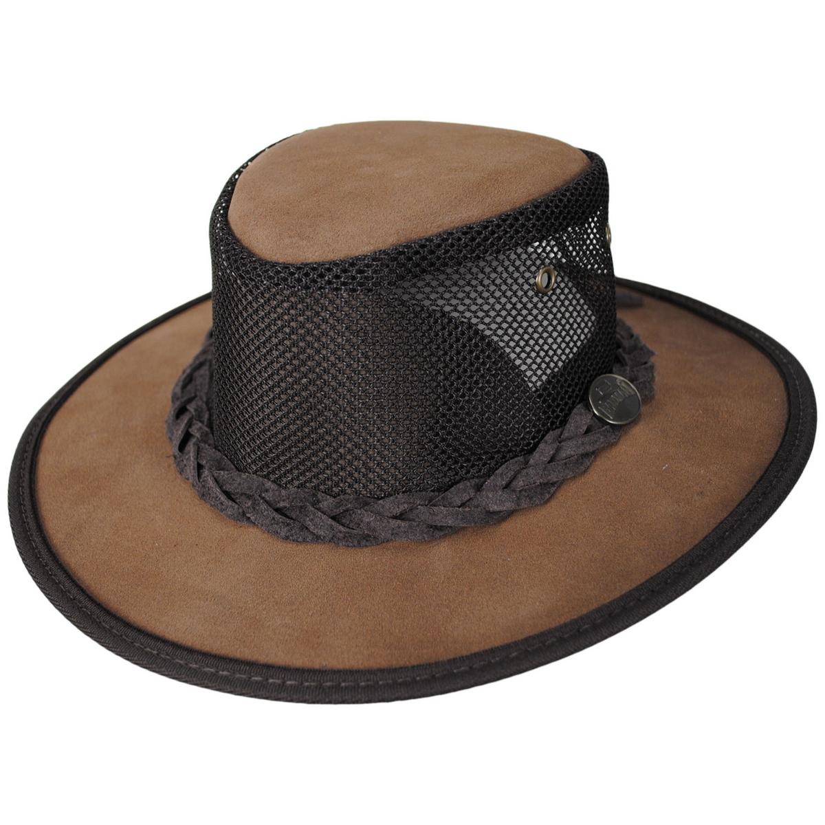 Barmah | Cooler Cattle Suede Leather Mesh Foldaway Drover Hat | 400901 | lead | BROWN