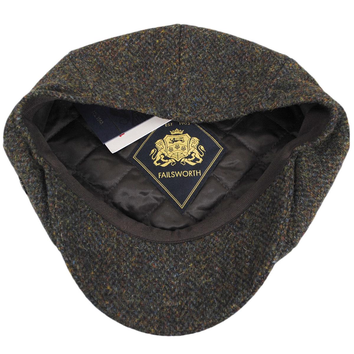 Failsworth | Carloway Harris Tweed Multi Fleck Wool Herringbone Newsboy Cap | 177927 | under | MOSS