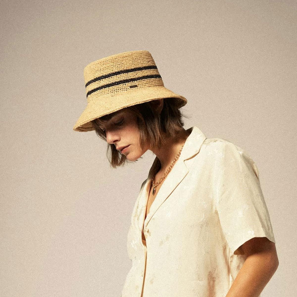 BRIXTON HATS | Ellee Raffia Straw Bucket Hat | 104055 | lsftwo | TAN/BLACK