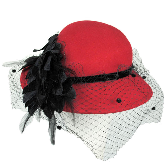 Kathy Jeanne | Flowers & Veil Wool Felt Doll Hat - Made to Order | 124719 | front | RED/BLACK