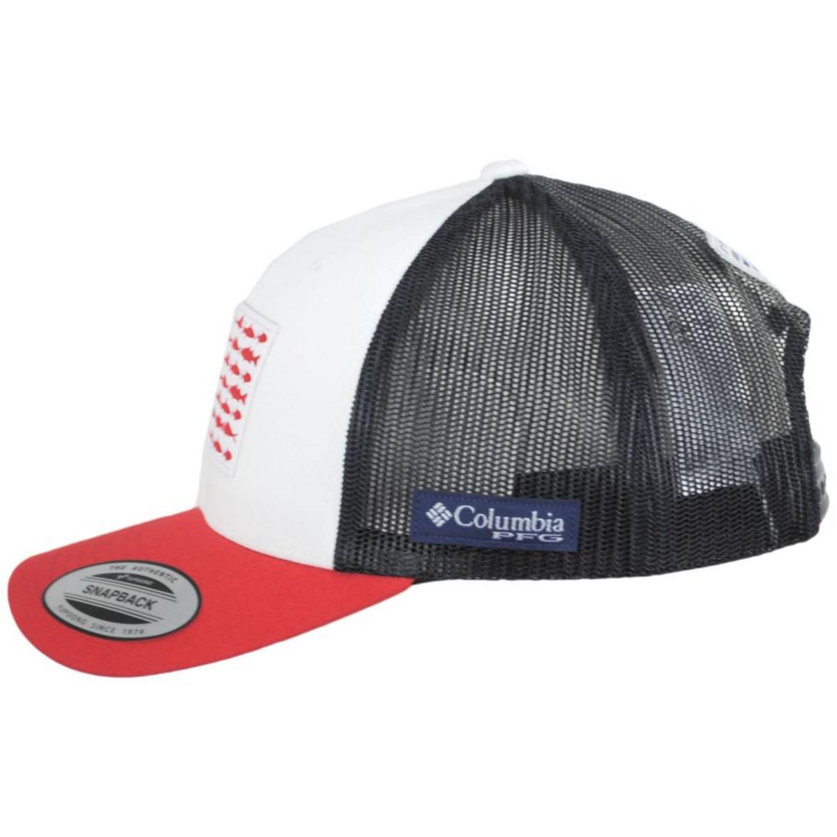 Columbia Sportswear | PFG Fish Flag Mesh Snapback Baseball Cap | 400151 | profile | WHITE/COLLEGIATE NAVY/RED SPARK