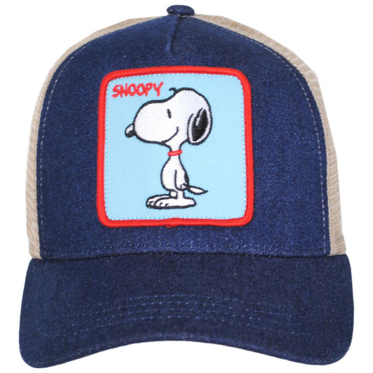 Peanuts | Denim Snoopy Mesh Trucker Snapback Baseball Cap | 201309 | front | DENIM
