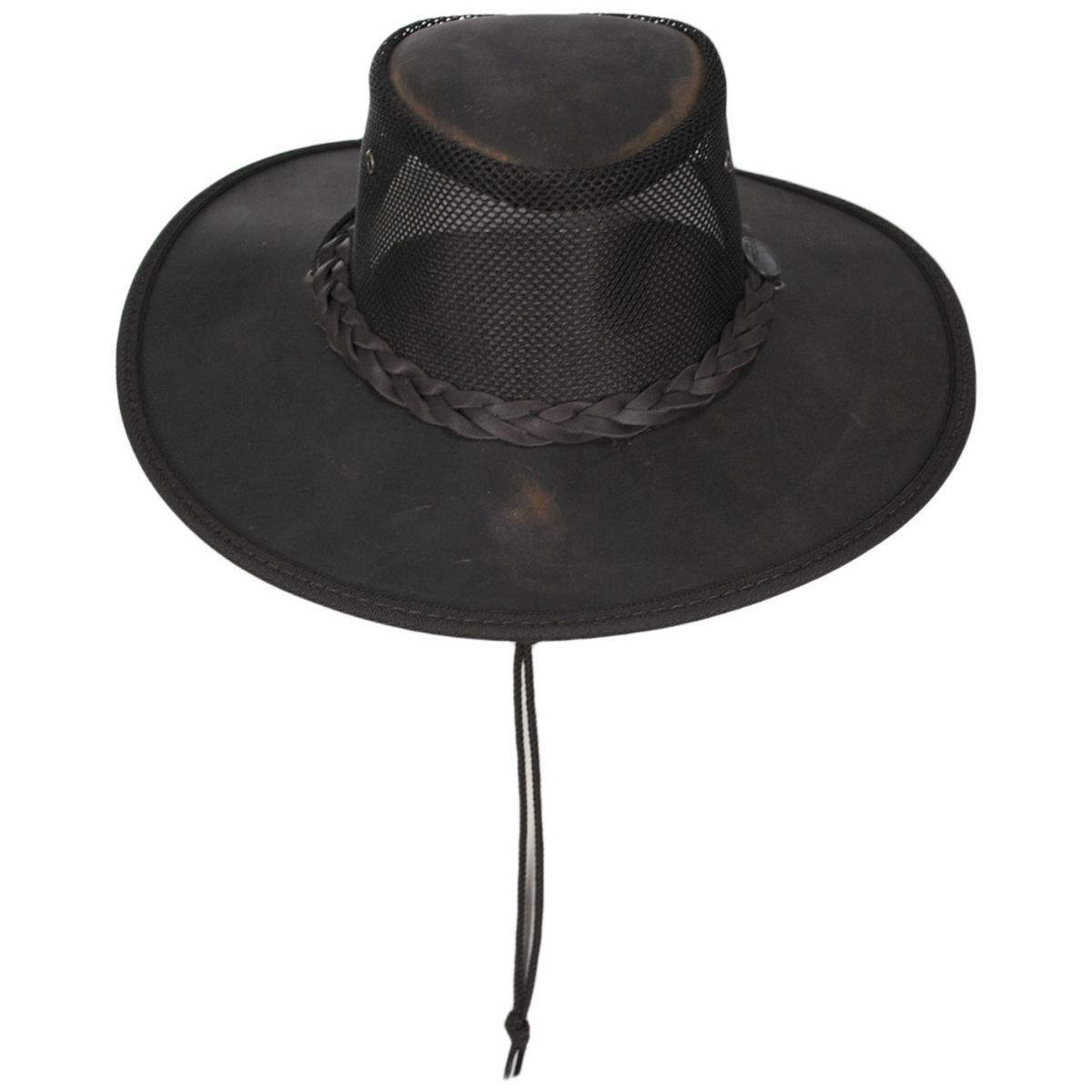Barmah | Cooler Bronco Cattle Leather Mesh Foldaway Drover Hat | 400907 | front | RUSTIC