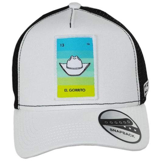 Larry Mahan Hats | Loteria El Gorrito Snapback Trucker Baseball Cap | 221325 | front | WHITE
