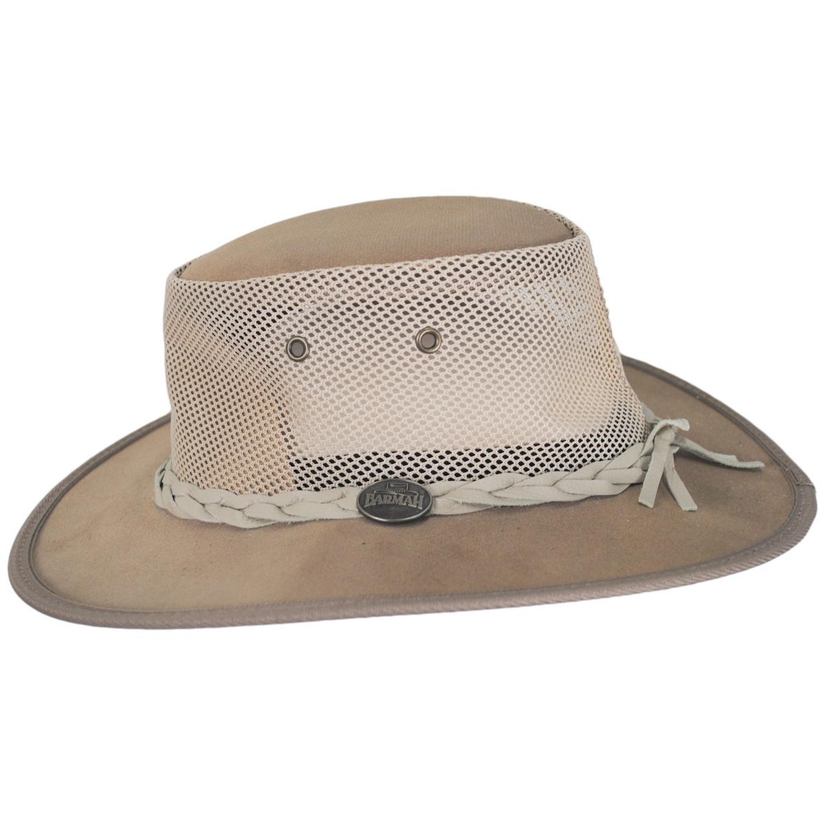 Barmah | Cooler Cattle Suede Leather Mesh Foldaway Drover Hat | 400901 | profile | SAND