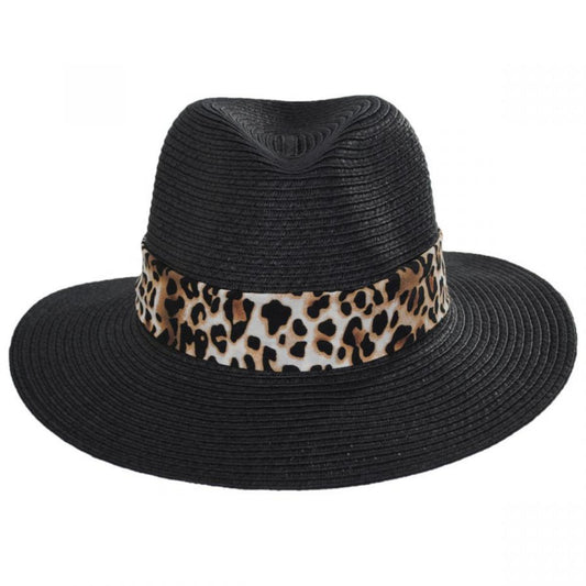 Dorfman Pacific | Gabon Leopard Scarf Toyo Straw Fedora Hat | 101389 | front | BLACK