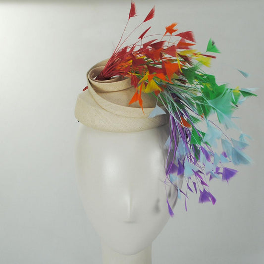 Jeanne Marie | Rainbow Feathers Parasisal Straw Pillbox Hat | 122444 | front | NATURAL MULTI