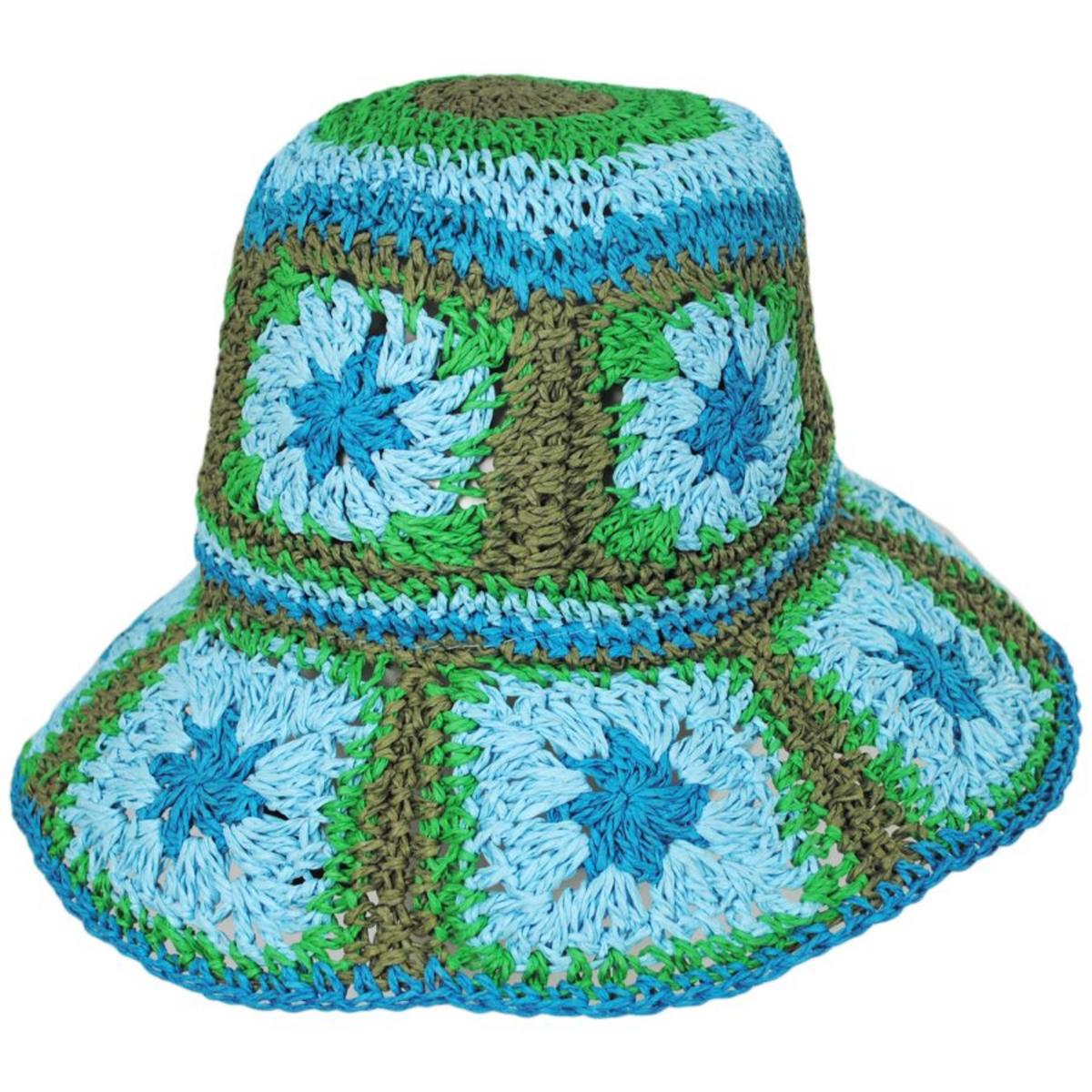 Peter Grimm | Fergie Granny Square Hand Crochet Toyo Straw Bucket Hat