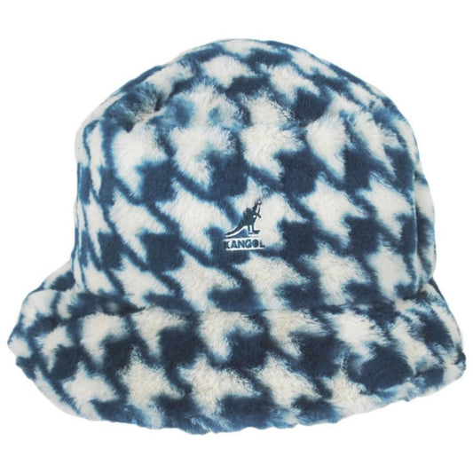 Kangol | Houndstooth Faux Fur Bucket Hat | 185783 | front | BLUE HOUNDSTOOTH