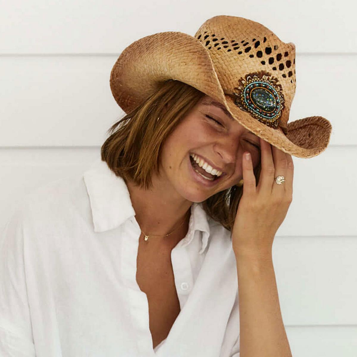 Conner | Navajo Bead and Feather Raffia Straw Western Hat | 102804 | lsftwo | CARAMEL