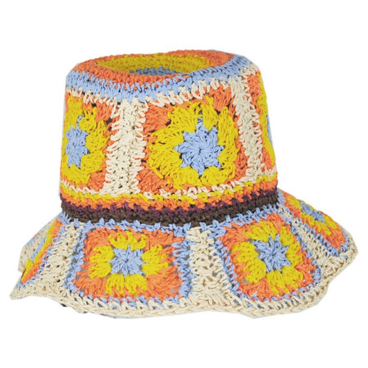 Peter Grimm | Fergie Granny Square Hand Crochet Toyo Straw Bucket Hat | 108603 | front | ORANGE