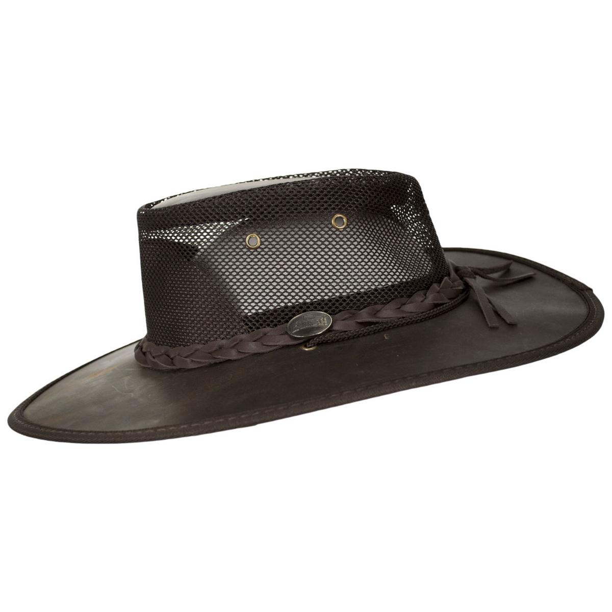 Barmah | Cooler Bronco Cattle Leather Mesh Foldaway Drover Hat | 400907 | profile | RUSTIC