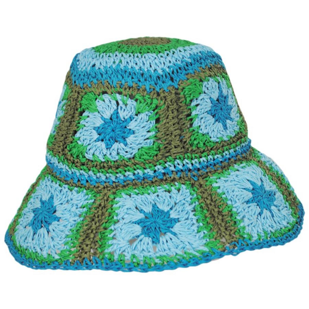 Peter Grimm | Fergie Granny Square Hand Crochet Toyo Straw Bucket Hat | 108603 | profile | TEAL