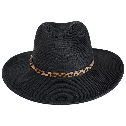 Karen Keith | Leopard Band Toyo Straw Safari Fedora Hat | 126607 | front | BLACK