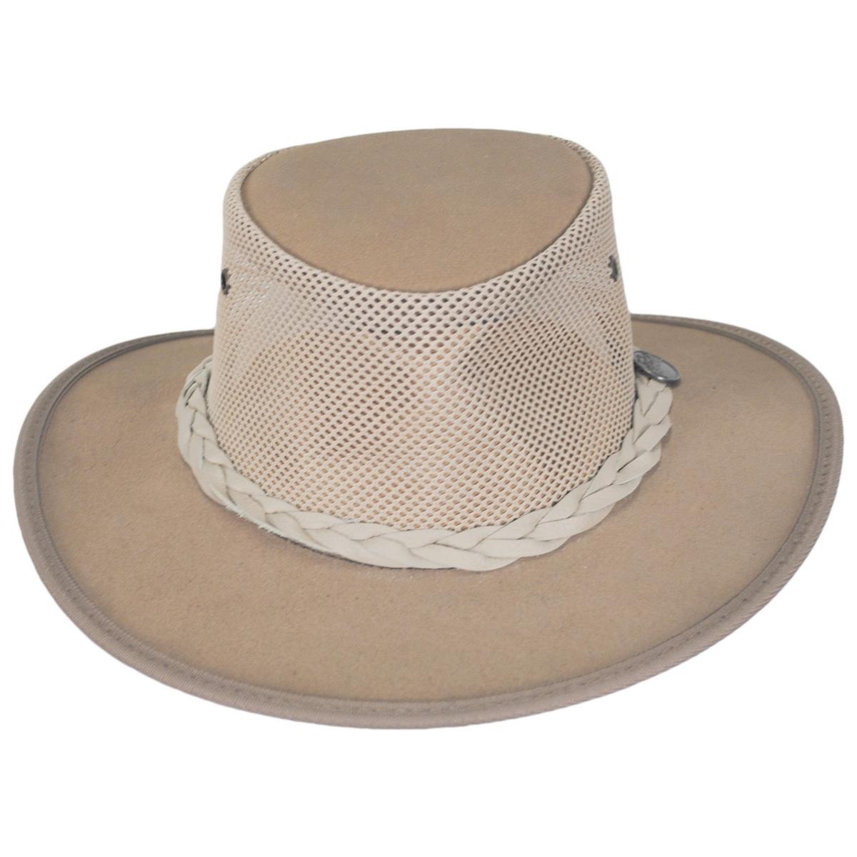 Barmah | Cooler Cattle Suede Leather Mesh Foldaway Drover Hat | 400901 | front | SAND