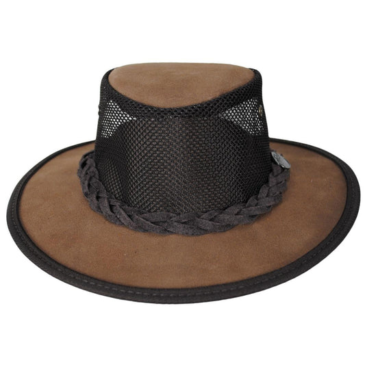 Barmah | Cooler Cattle Suede Leather Mesh Foldaway Drover Hat | 400901 | front | BROWN