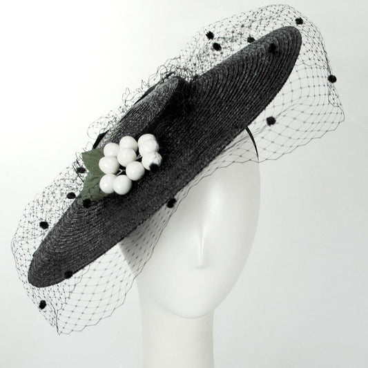 Jeanne Marie | White Cherries Milan Straw Cartwheel Dress Hat | 122446 | front | BLACK/WHITE CHERRY