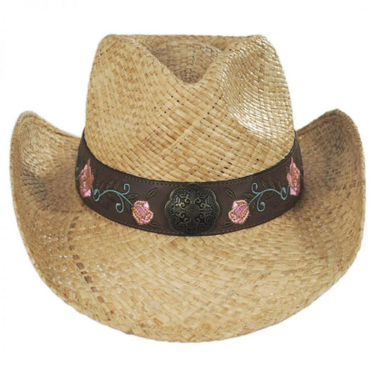 Kenny K | Pink Rose Raffia Straw Western Hat | 102214 | front | NATURAL