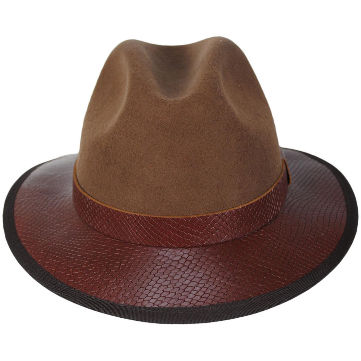 Bigalli | Rhea Wool & Leather Safari Fedora Hat | 131437 | front | TOBACCO/CHOCOLATE