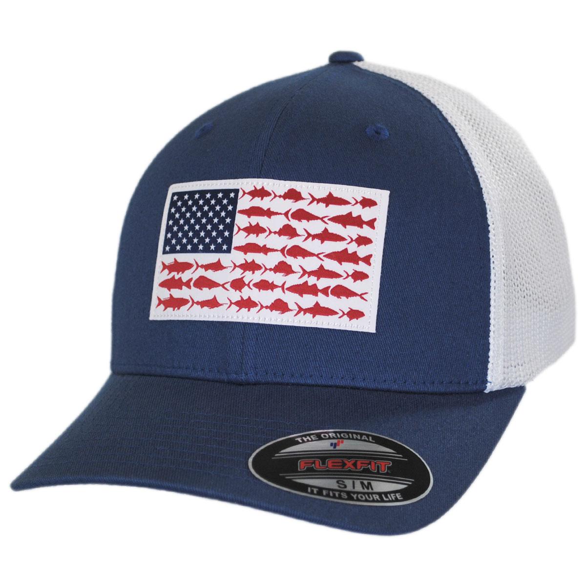 Columbia Sportswear | PFG Fish Flag Mesh Flexfit Fitted Baseball Cap | 400143 | lead | NIGHT TIDE/WHITE