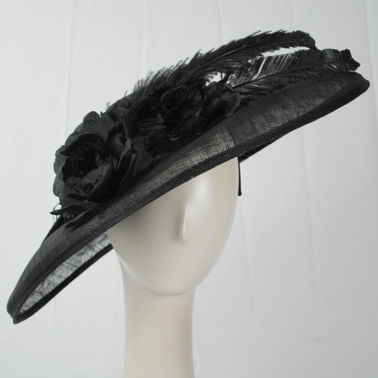Something Special | 3 Flower & Feather Sinamay Straw Fascinator Hat | 121340 | front | BLACK