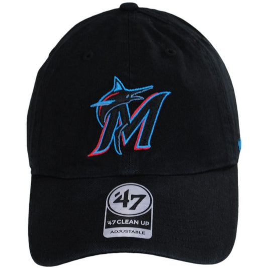 47 Brand | Miami Marlins MLB Clean Up Strapback Baseball Cap Dad Hat | 203261 | front | BLACK