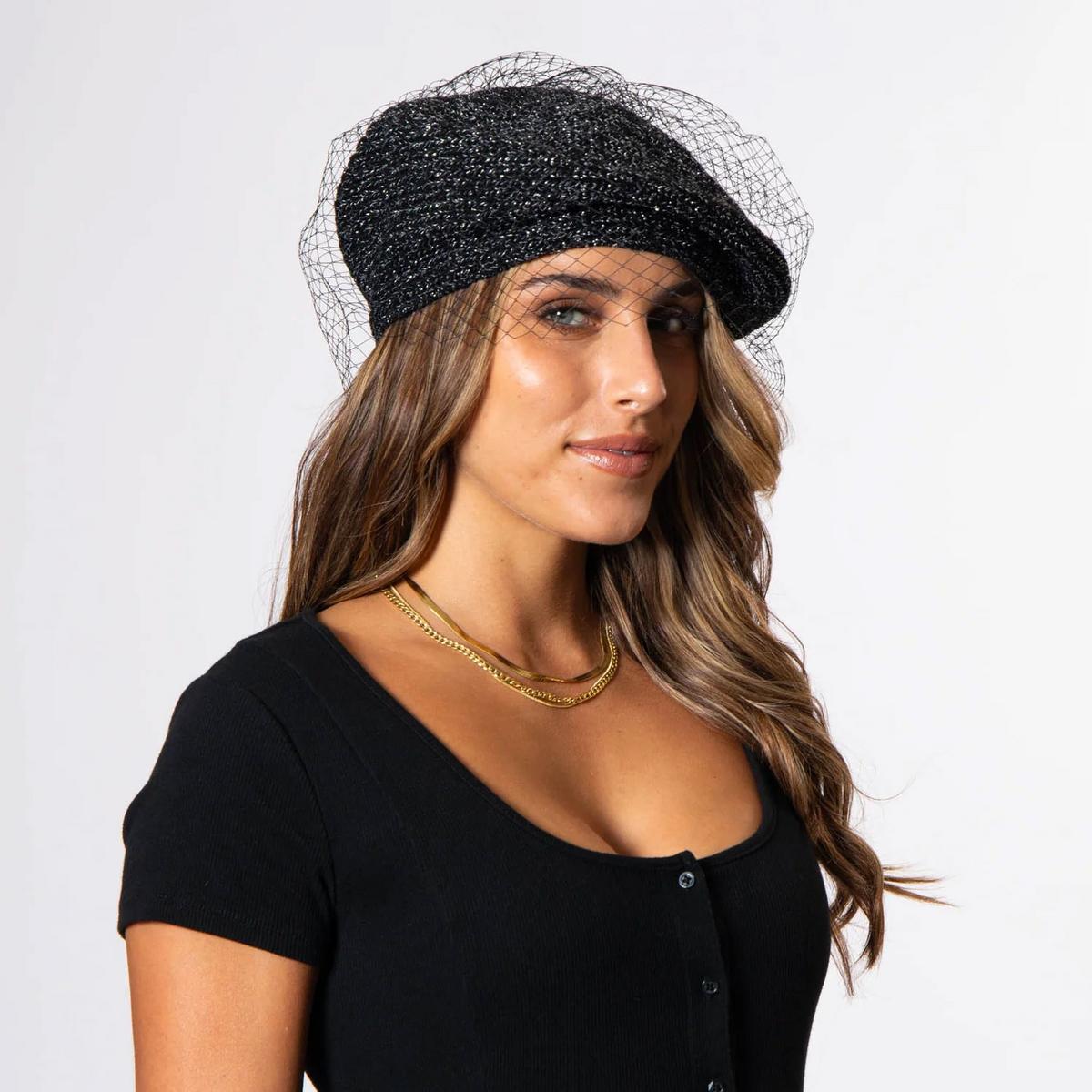 San Diego Hat Company | Bianca Knit Beret with Veil | 151614 | lsmone | BLACK