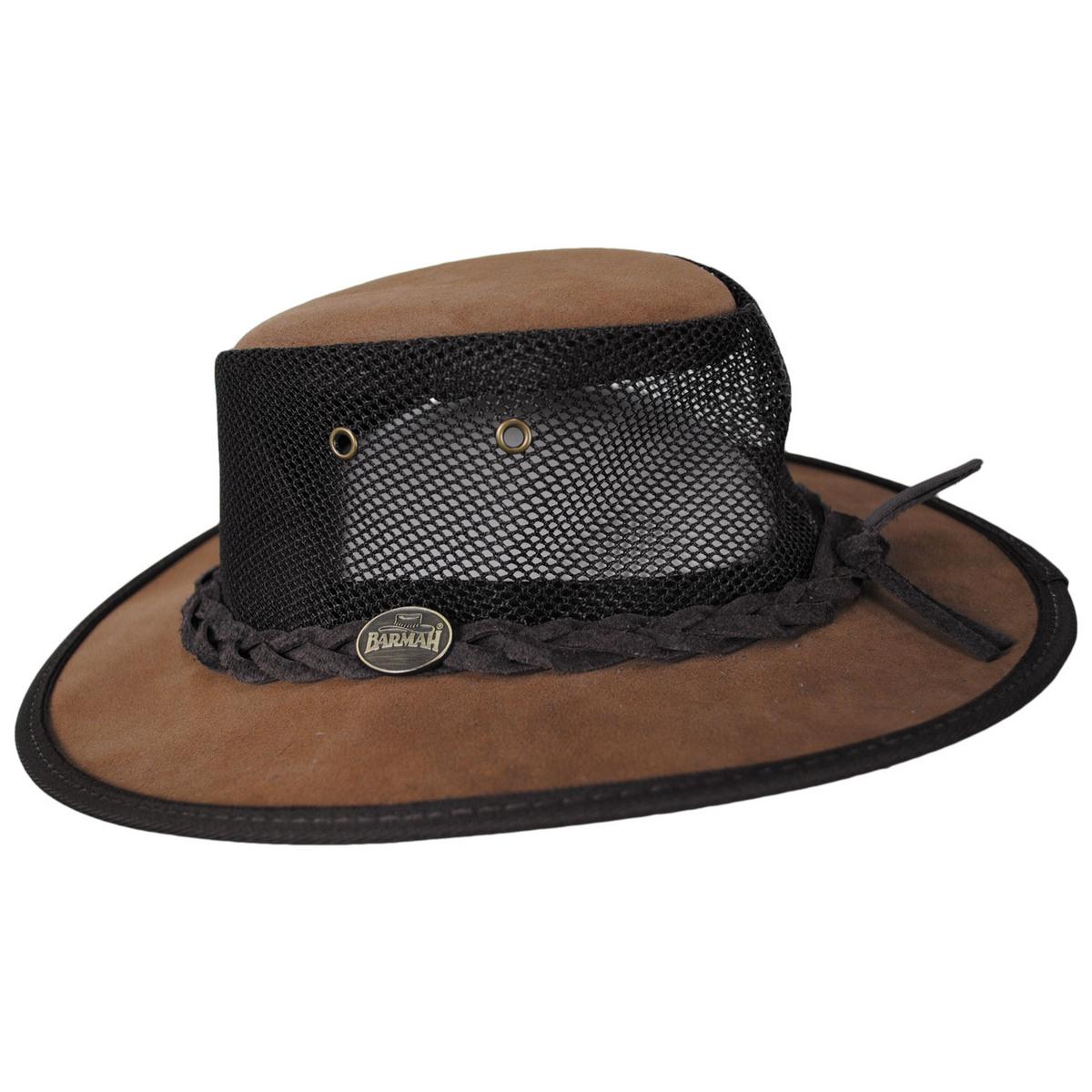 Barmah | Cooler Cattle Suede Leather Mesh Foldaway Drover Hat | 400901 | profile | BROWN