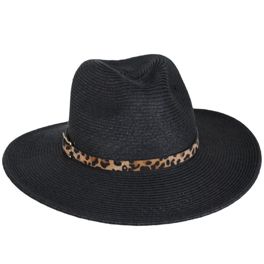 Karen Keith | Leopard Band Toyo Straw Safari Fedora Hat | 126607 | lead | BLACK