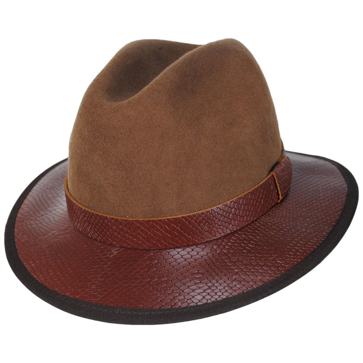 Bigalli | Rhea Wool & Leather Safari Fedora Hat | 131437 | lead | TOBACCO/CHOCOLATE