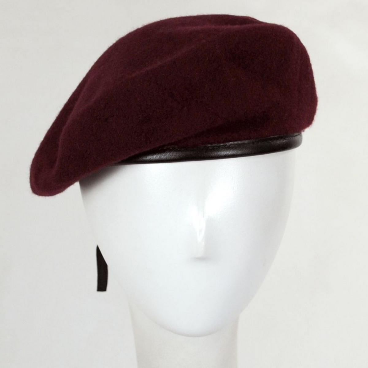 Village Hat Shop | Wool Military Beret with Lambskin Band | 151106 | front | MAROON