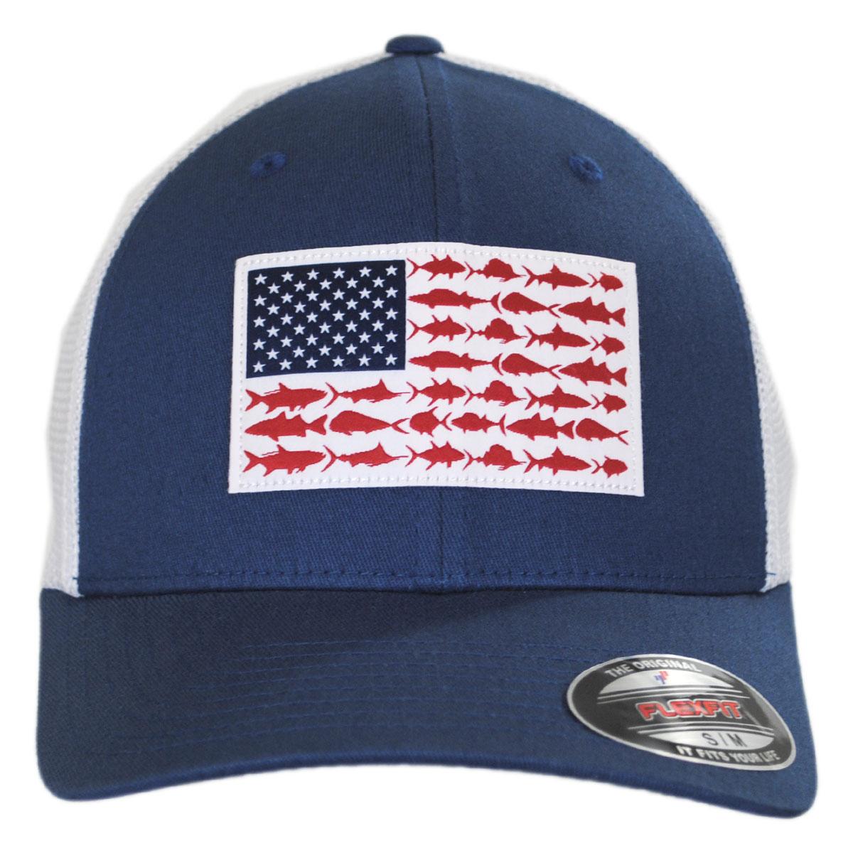 Columbia Sportswear | PFG Fish Flag Mesh Flexfit Fitted Baseball Cap | 400143 | front | NIGHT TIDE/WHITE