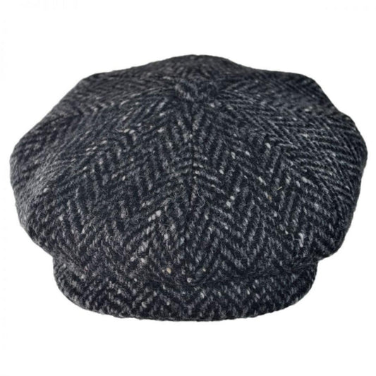 City Sport Caps | Large Herringbone Donegal Tweed Wool Newsboy Cap | 175055 | front | BLACK/CHARCOAL
