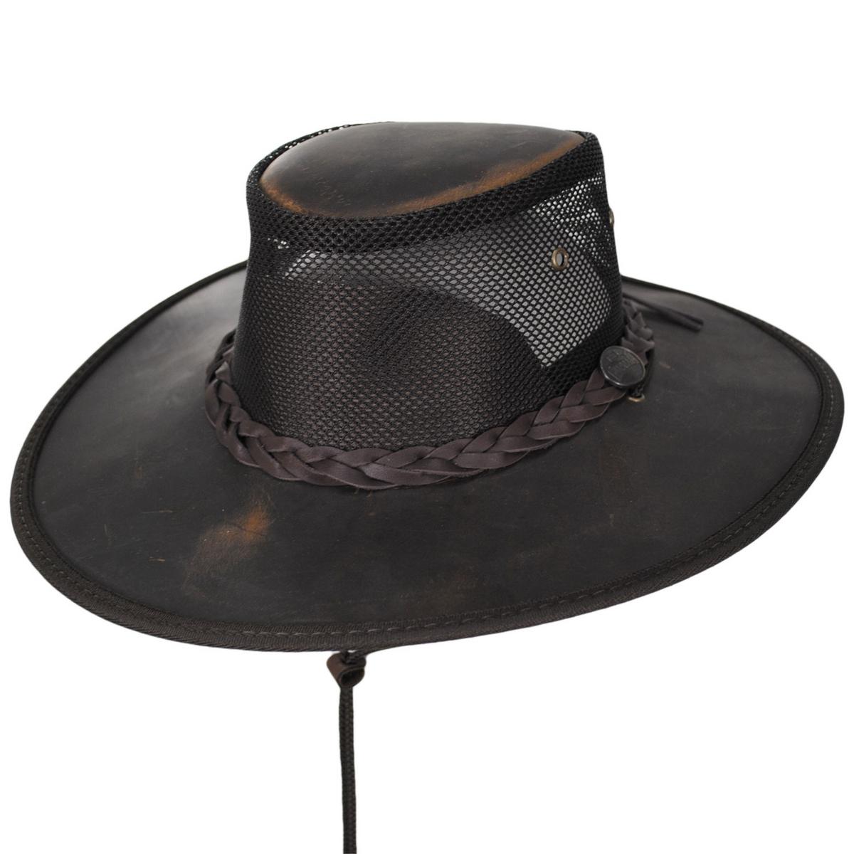 Barmah | Cooler Bronco Cattle Leather Mesh Foldaway Drover Hat | 400907 | lead | RUSTIC