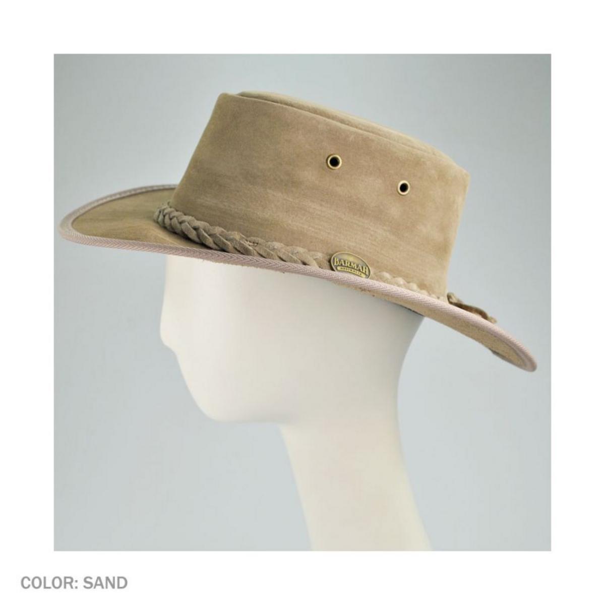 Barmah | Cattle Suede Leather Foldaway Drover Hat | 400902 | profile | SAND
