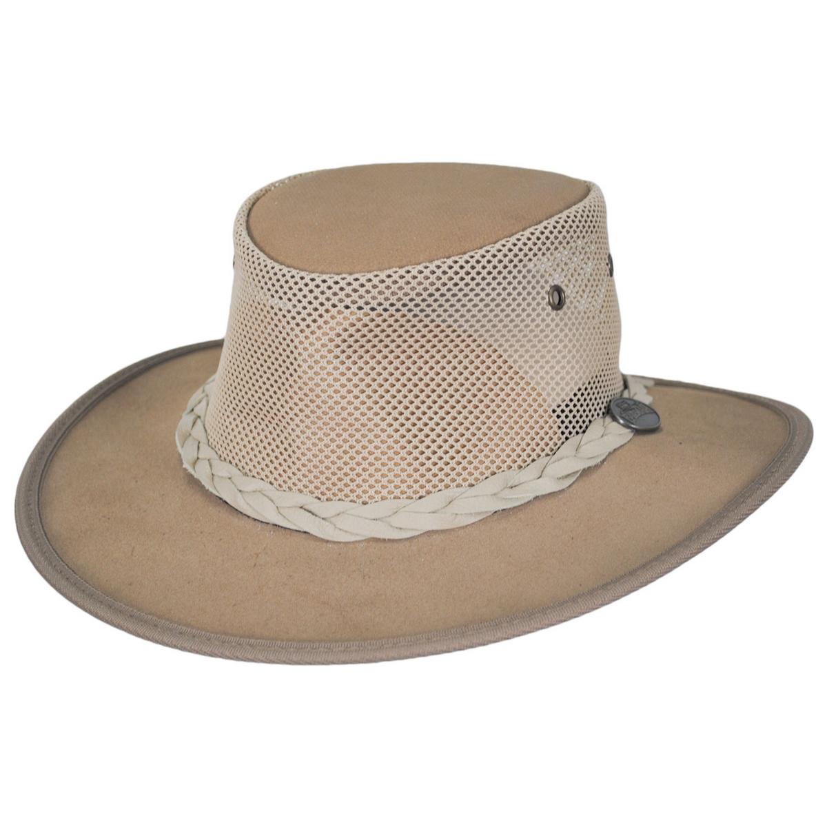 Barmah | Cooler Cattle Suede Leather Mesh Foldaway Drover Hat | 400901 | lead | SAND