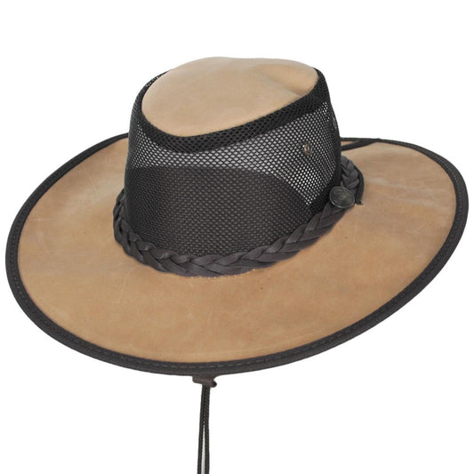 Barmah | Cooler Bronco Cattle Leather Mesh Foldaway Drover Hat | 400907 | lead | DRIFTWOOD