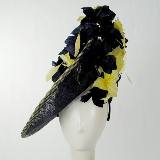 Emma B by Giovannio | Gingham Sinamay Straw Fascinator Hat | 122628 | front | NAVY/YELLOW