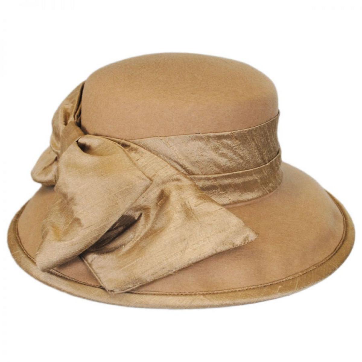 Toucan Collection | Silk Bow Wool Felt Lampshade Hat - Made to Order | 125832 | front | CAMEL