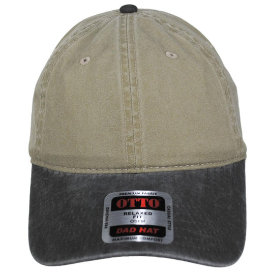 Otto | LoPro Washed Pigment Dyed Cotton Twill Strapback Baseball Cap Dad Hat | 201404 | front | BLACK/KHAKI