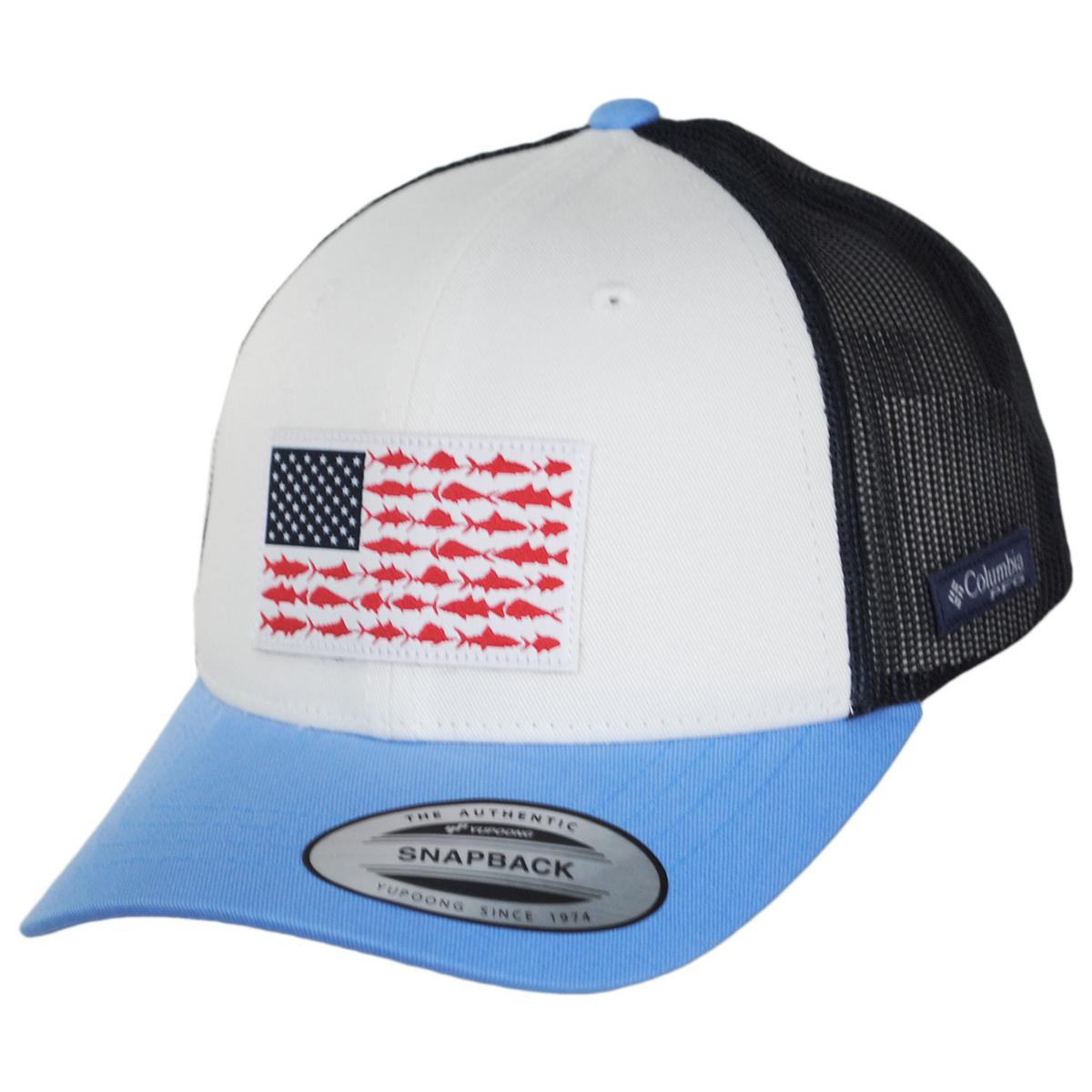 Columbia Sportswear | Kid's PFG Fish Flag Snapback Baseball Cap | 509610 | lead | WHITE AGATE BLUE COLLEGIATE BLUE