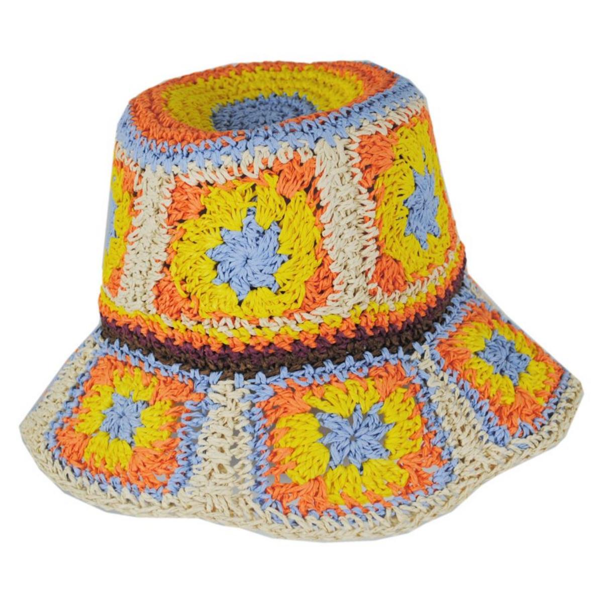 Peter Grimm | Fergie Granny Square Hand Crochet Toyo Straw Bucket Hat